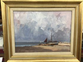 K. B. Thompson acrylic on board - Kessingland Beach, Lowestoft 1983, in gilt frame 41cm x 51cm overa