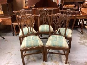 Set five mahogany Chippendale revival dining chairs with carved and pierced splat backs