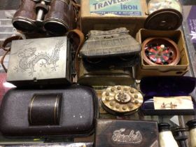 Vintage opera glasses and field glasses, Japanese lacquer box containing sealing wax, silver mounted