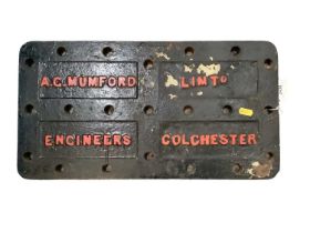 Very heavy painted cast metal sign - 'A.C. Mumford Ltd - Engineers Colchester', 49.5cm x 26.5cm