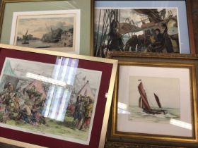 Collection of antique and later pictures and prints, including framed vintage advertisements, mariti