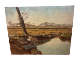 Fred H Ray (early 20th century) oil on board - Reed boat in dyke at Coltishall, signed, titled, 20 x