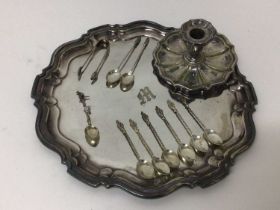 Group of silver plate, including a salver, a candlestick, apostle spoons, etc