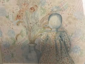 Jane Tippett (b. 1949) watercolour - Wooden doll and dried flowers