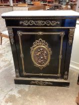 19th century French ebonised and gilt metal mounted pier cabinet with marble top and cherub decorati