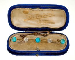 Late Victorian turquoise and diamond bar brooch with two old cut diamonds and three round turquoise