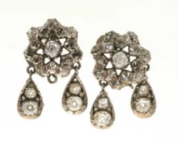 Pair of antique diamond cluster pendant earrings set with old cut diamonds