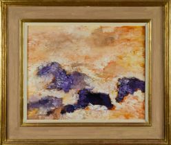 Albert Houthuessen (1903-1973), acrylic on canvas, sunset sea over purple rock