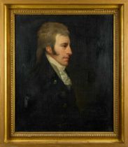 English School, early 19th century, oil on canvas - Portrait of a Regency Gentleman in profile, 76cm