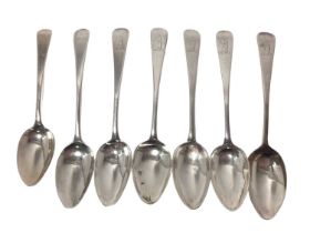 Five Georgian Irish silver dessert spoons and two other English silver dessert spoons