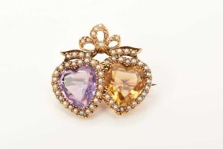 Edwardian amethyst and citrine double sweetheart brooch