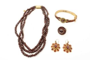 Group of antique garnet jewellery to include a 19th century Bohemian garnet hinged bangle, similar c