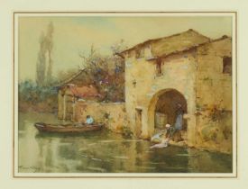 Terrick Williams (1860-1936) watercolour, French River scene, signed, 25.5cm x 35cm, in glazed gilt