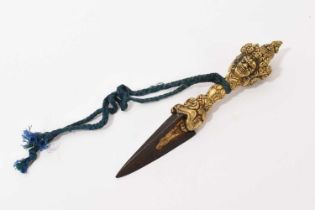 Tibetan gilt bronze and steel ritual dagger/Phurba