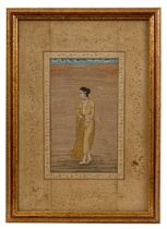 18th/19th century Indian gouache depiction of a young woman, in scroll and gold splash border, glaze