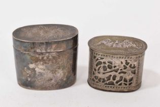 Two antique Chinese silver opium boxes, each of oval outline, the smaller box with makers stamp to b