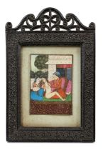 19th century Indo-Persian School, gouache on ivory depicting a nobleman and courtesans, 11 x 7cm, gl