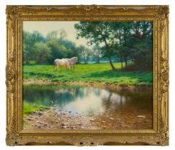 *Tony Sheath (b.1946) oil on canvas - Horses by a stream, signed, in gilt frame