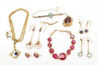 Group of Edwardian gold and gem-set jewellery to include a red stone bracelet in gold setting engrav