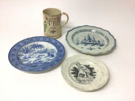 Creamware mug inscribed with initials and dated 1823, together with three pearlware dishes (4)