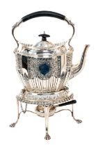 Late Victorian silver spirit kettle on stand with plated burner