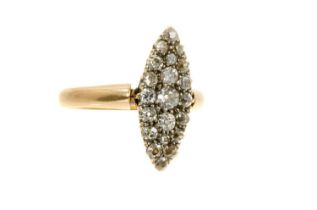 Late Victorian diamond cluster ring with a marquise shape cluster of old cut diamonds