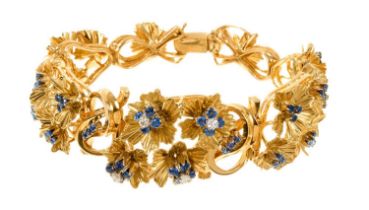 14ct gold floral cluster bracelet set with round mixed cut sapphires and brilliant cut diamonds, 19c
