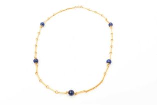 Antique gold and lapis lazuli bead necklace with 15ct gold fetter links