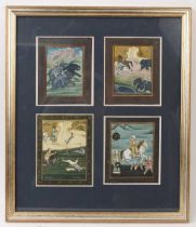 Four miniature Indo-Persian gouache paintings on cloth, depicting hunting scenes, each 15 x 12cm, fr