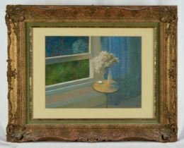 David Tindell (b.1932) acrylic on board - Still Life before a Window, initialled, 24cm x 31cm, in gl