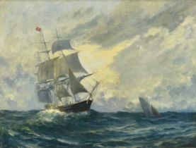 1920s oil on canvas - The Clipper "Red Jacket" at sea, label verso stating 'Built of Portland Maine