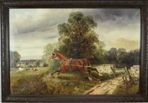 Edward Priestley, 19th century, oil on canvas - A runaway cart horse chasing the hunt, signed, 49 x