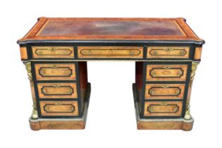 Fine mid-Victorian figured walnut, kingwood crossbanded and gilt metal mounted pedestal desk