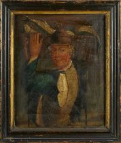 English School, early 19th century, three oils on panel, primitive portraits, 30.5cm x 25cm, in ebon