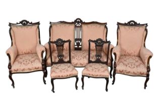 Early 20th century carved mahogany salon suite including sofa, two elbow chairs and two side chairs