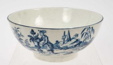 Rare Worcester bowl, circa 1780, printed in blue with the Mother and Child pattern, crescent mark, e