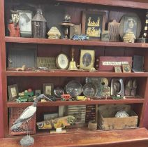 Miscellaneous collection including two school slates, handbell, abacus, cribbage board, etc