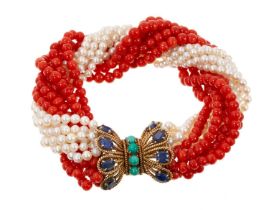 Coral and cultured pearl multi-strand bracelet with a 14ct gold blue sapphire and turquoise clasp, a