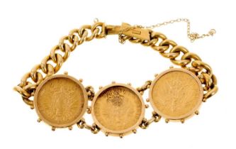 Antique gold coin bracelet with three Wilhelm I and II Deutscher Kaiser Konig V Preussen 20 Mark gol