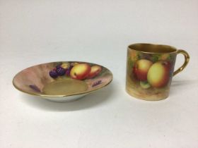 Royal Worcester fruit painted coffee can and saucer, signed by Ayrton and Moseley, the saucer 11cm d