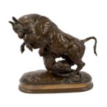 After Antoine Louis Barye (1796-1875): Antique bronze sculpture of a bull fighting a tiger by Barye