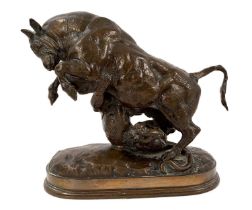 After Antoine Louis Barye (1796-1875): Antique bronze sculpture of a bull fighting a tiger by Barye