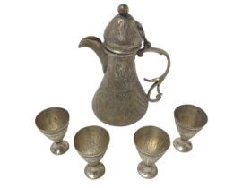 Pre 1916 Egyptian silver Dallah or coffee pot, and four Egyptian silver cups