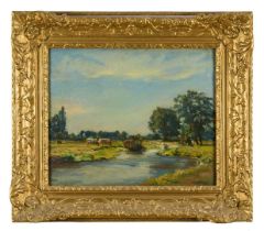 James Levin Henry (1855-1939) oil on canvas - Water Meadows, signed and dated 1923, hand written lab