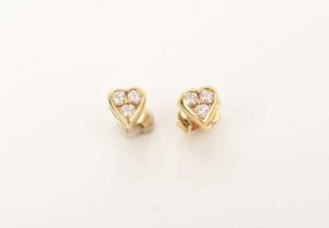 Pair of diamond heart shape earrings, each with three brilliant cut diamonds in 18ct heart shape set