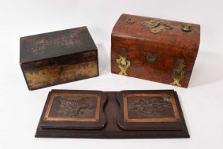 Victorian burr walnut equestrian themed tea caddy, another, and a book shelf