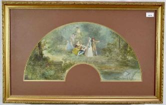 After Watteau, 19th century French School watercolour fan design depicting figures in a Classical ga