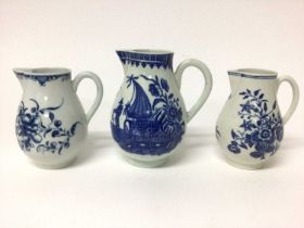 Three 18th century Worcester blue and white printed sparrow beak jugs, one with the Fisherman and Co