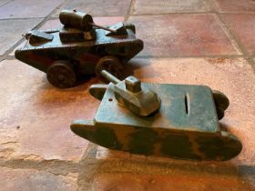 Homemade wooden money box in the form of an army tank, camouflage painted and inscribed ‘Save for El