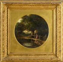 East Anglian School (c1860) pair of oils on canvas, tondo - A Woodland scene with girl on a wooden b